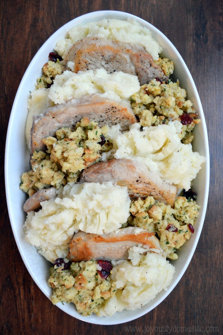 Joyously Domestic Pork Chop, Stuffing and Mashed Potato Casserole