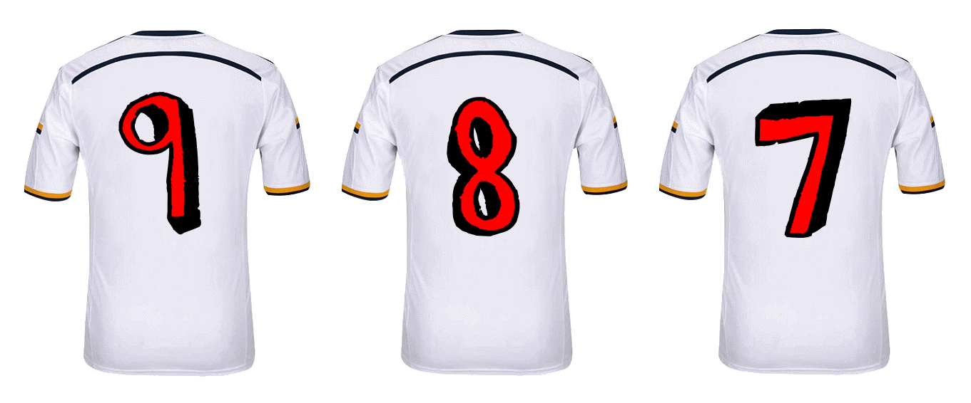 Camisetas con los números 9, 8 y 7 Camisetas con los números 9, 8 y 7