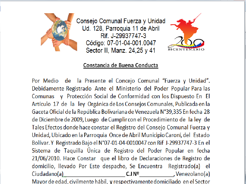 Constancia De Buena Conducta Consejo Comunal