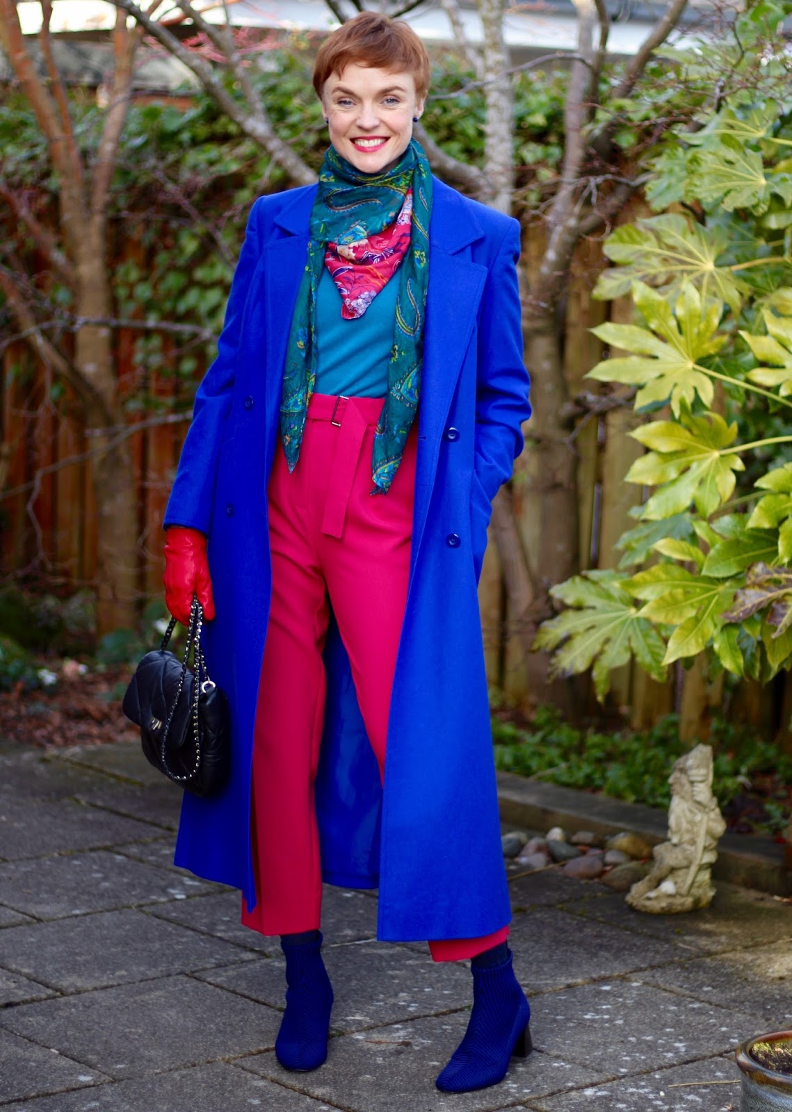 Cobalt coat, striped sock boots & hot pink trousers | Fake Fabulous