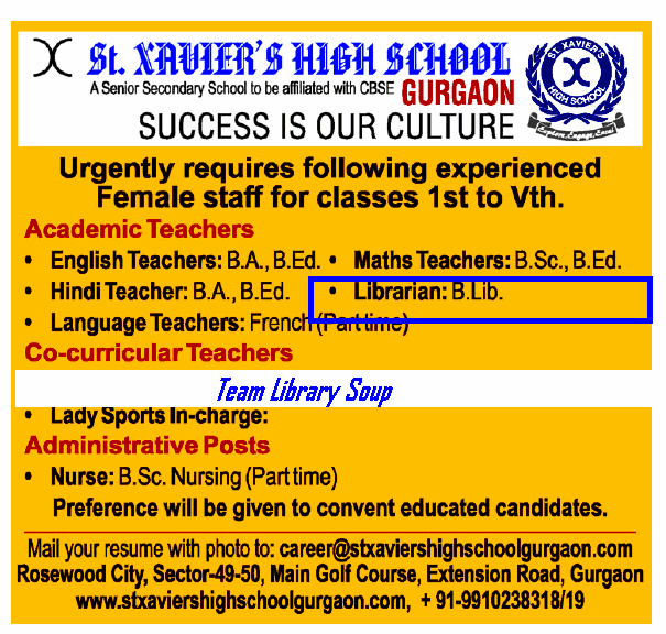 The Library Soup Librarian Vacancy at St. Xavier's High School