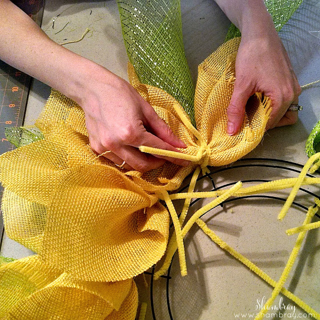 Yellow Burlap, green deco mesh, wire wreath form, chenille stems-Sunflower Wreath