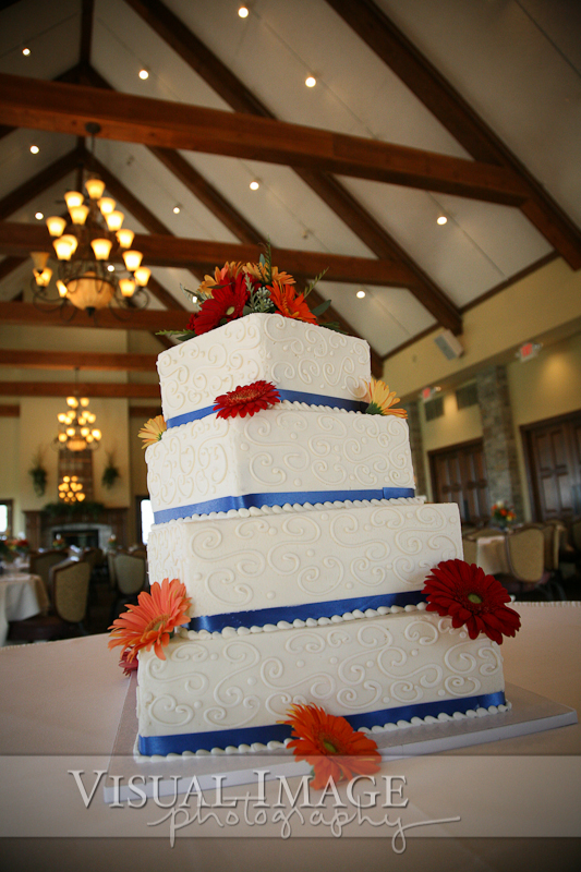 Wedding cake with blue trim and flowers on table in The Legend of Brandbrook hall