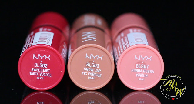 a photo of NYX Butter Lipsticks in shades Sweet Tart, Snow Cap and Hubba Bubba.