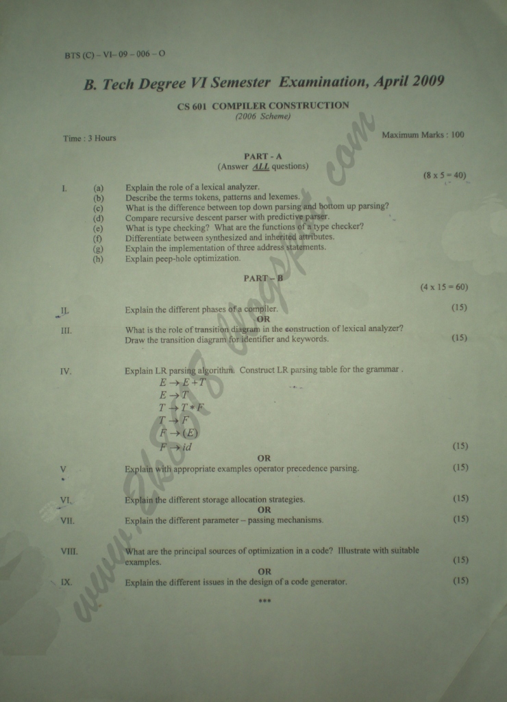 My B Tech 2k8618 Blogspot Com 2k8cse Previous Question Papers Compiler Design Sixth Semester B Tech Engineering Degree Examination April 2009 Kannur University
