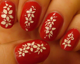 NOTD: white flowers on red