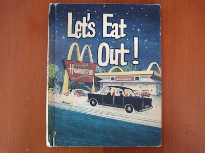 Cover of Let's Eat Out! with 1965-era McDonald's building ad black sedan car full of a family