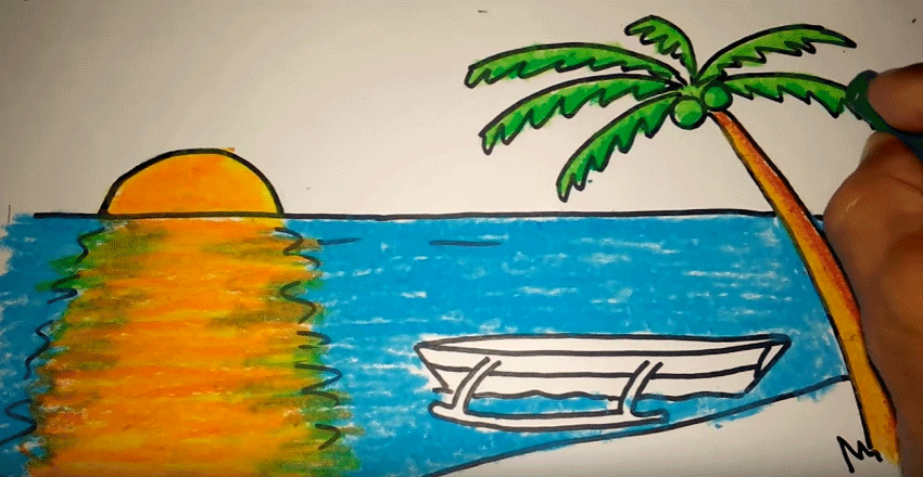 Menggambar Matahari Terbit Pantai Tutorial Sketsa Pemandangan Sunset Pensil Langkah