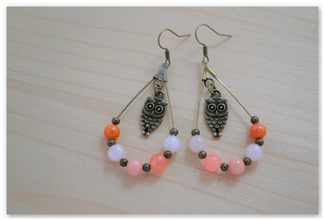 boucles d'oreilles gouttes perles jade et hiboux bronze