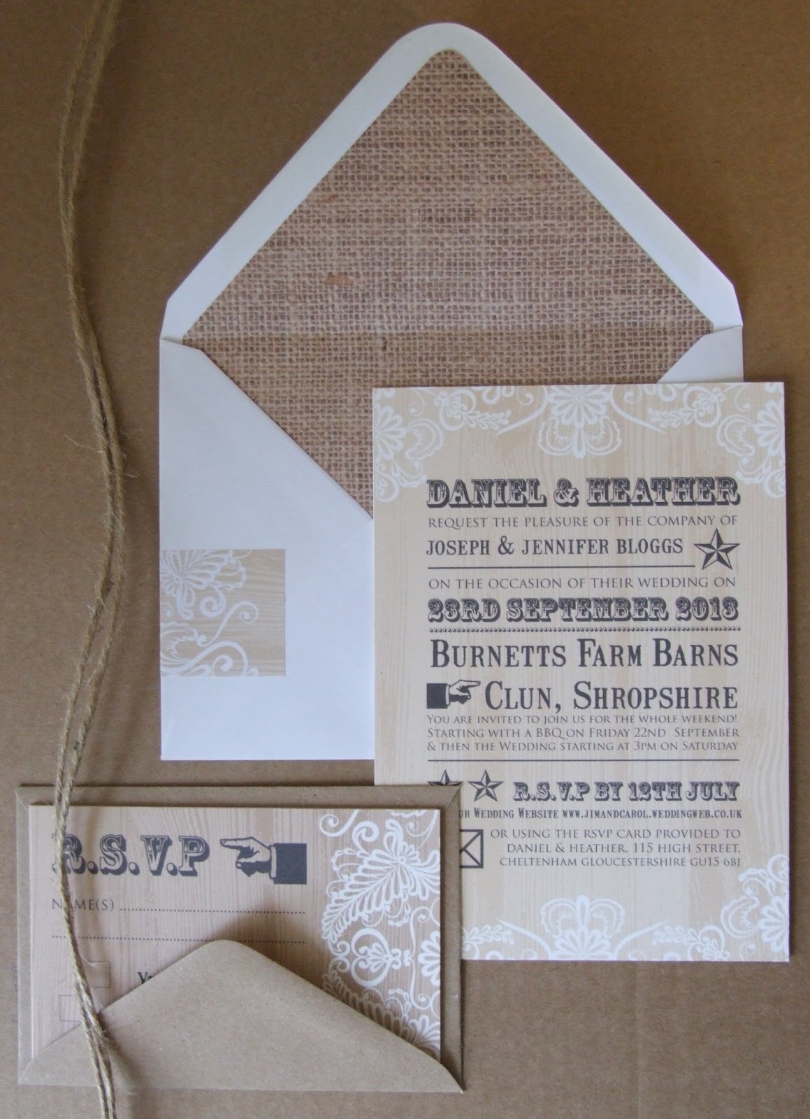 Knots and Kisses Wedding Stationery: Beautiful Wood Print & Lace ...