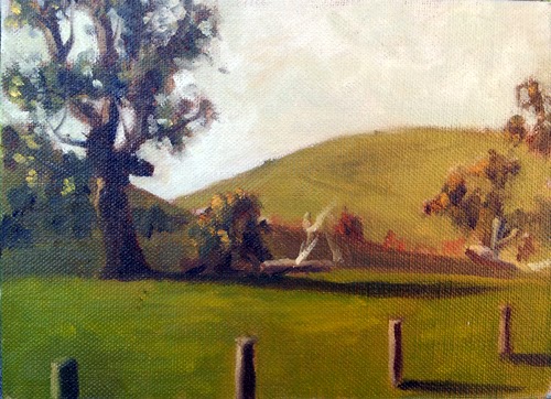 Oil painting of a eucalypt, with fence posts in the foreground and rolling hills in the background.
