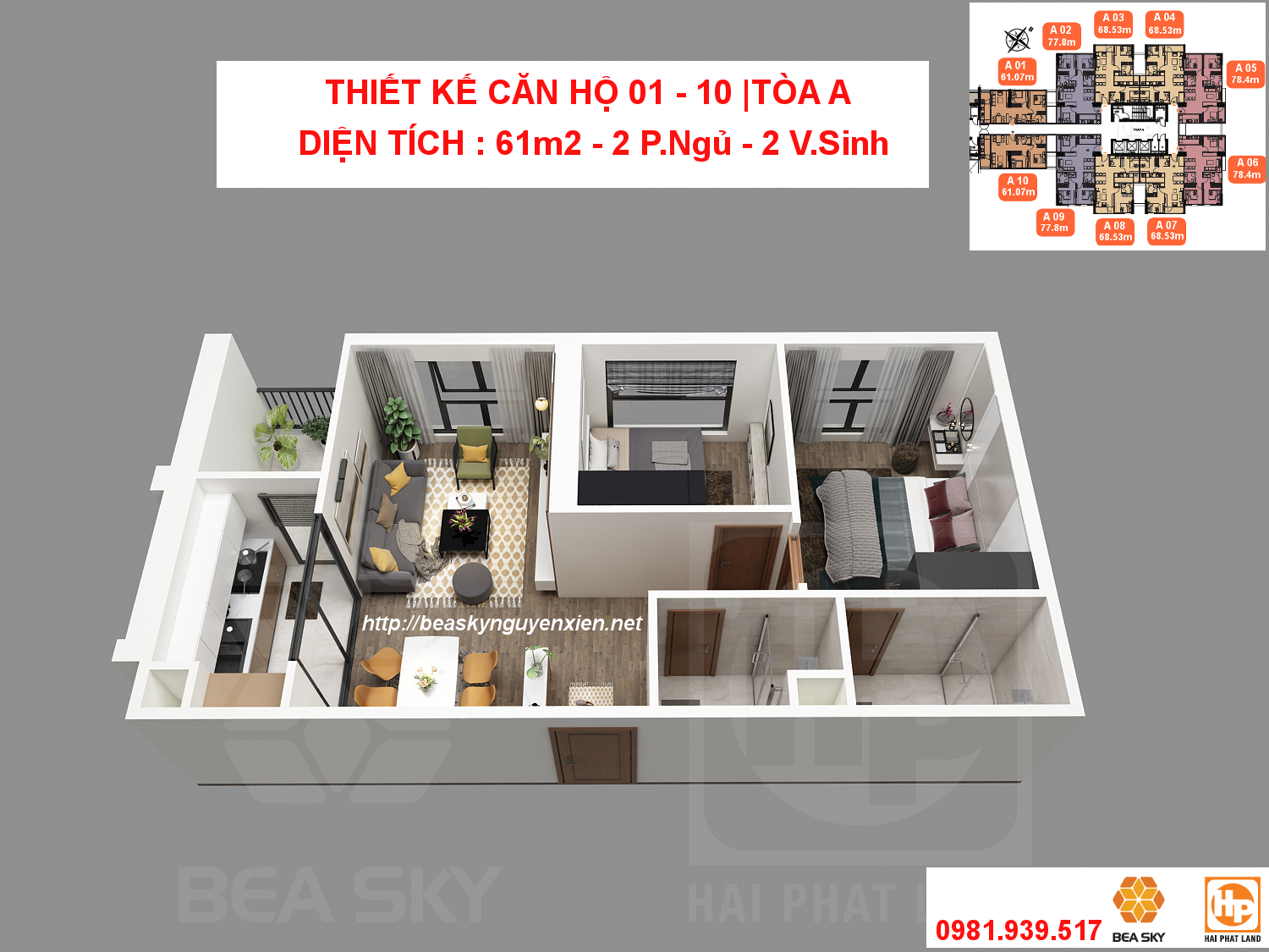 Thiết kế căn hộ 01 - 10 chung cư Bea Sky tòa A | D.tích: 61m2 Thiết kế căn hộ 01 - 10 chung cư Bea Sky tòa A | D.tích: 61m2