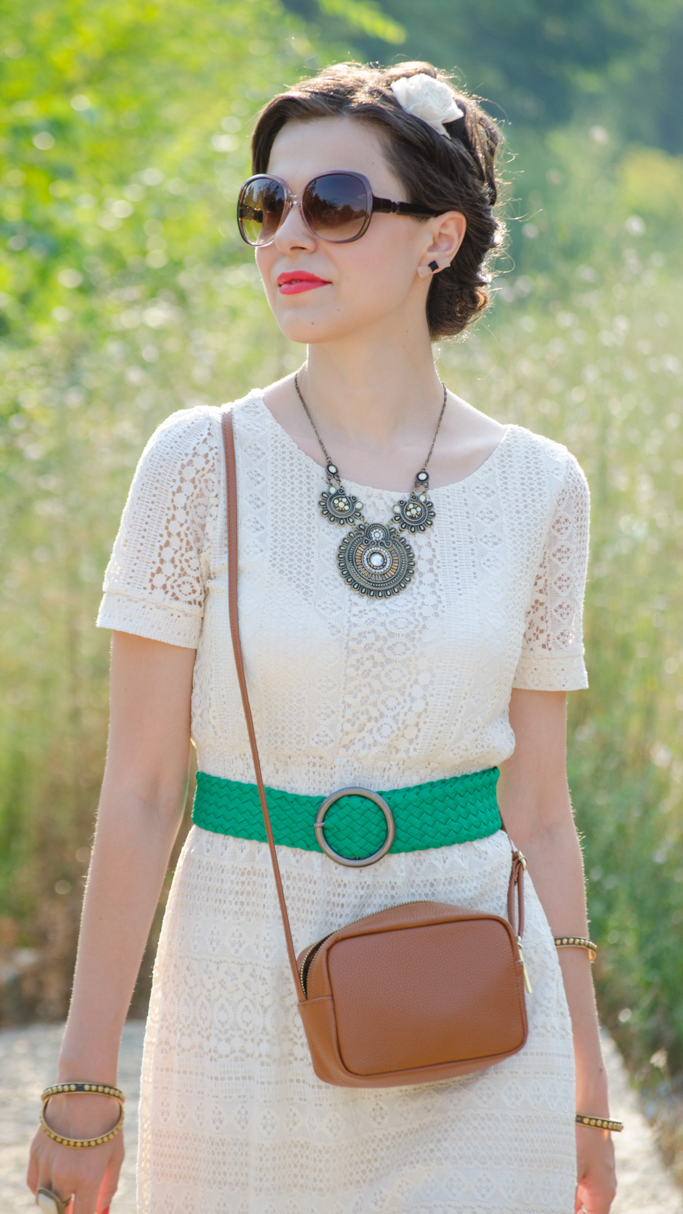 boho chic cotton lace dress koton green belt strap green nude shoes statement necklace h&m small brown satchel ivory