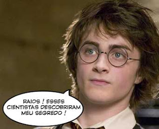 Foto do personagem Harry Potter dizendo : "Raios ! Esses cientistas descobriram meu segredo !"