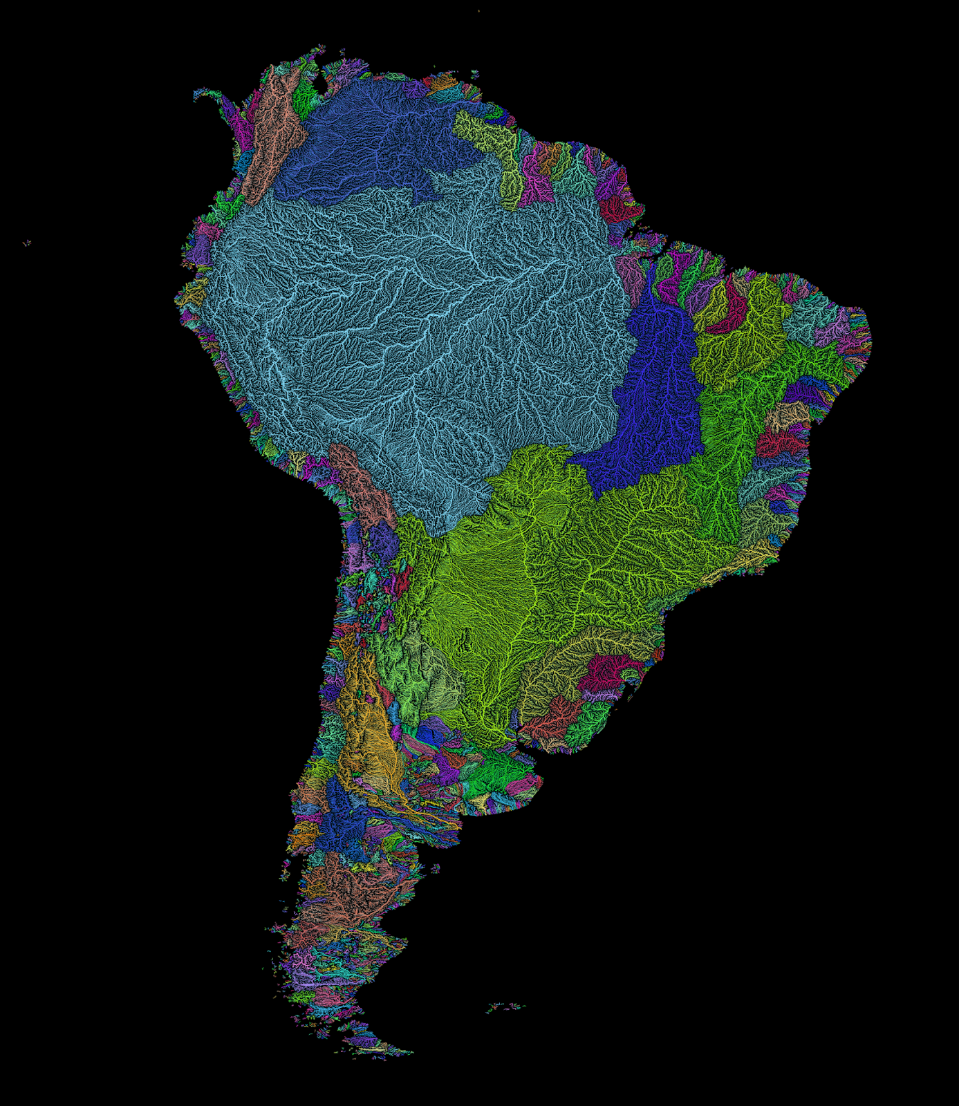 River basins of South America in rainbow colours Vivid Maps