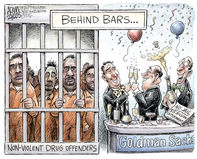 Image:  Convicts in orange crowded in a cell labeled 