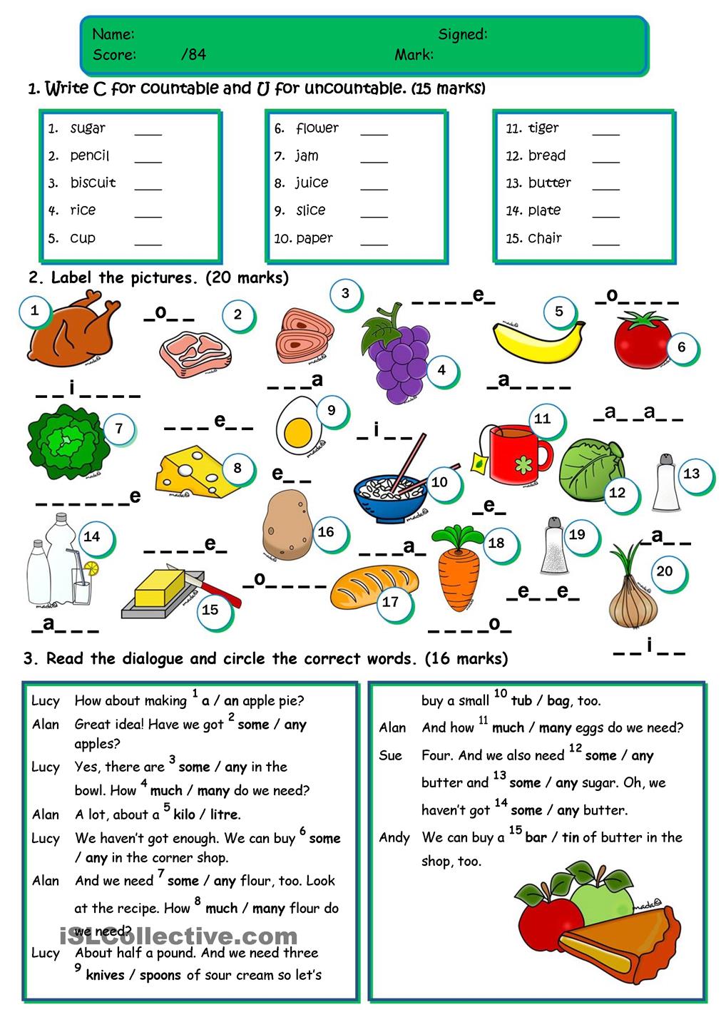 Countable And Uncountable Nouns Worksheet Food
