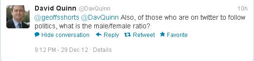 @GeoffsShorts Also, of those who are on twitter to follow politics, what is the male/female ratio?