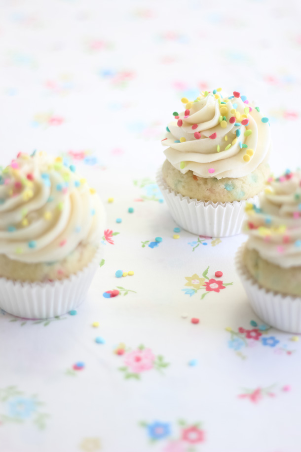 Confetti Cupcakes with Cake Batter Frosting for Three! Sprinkle Bakes