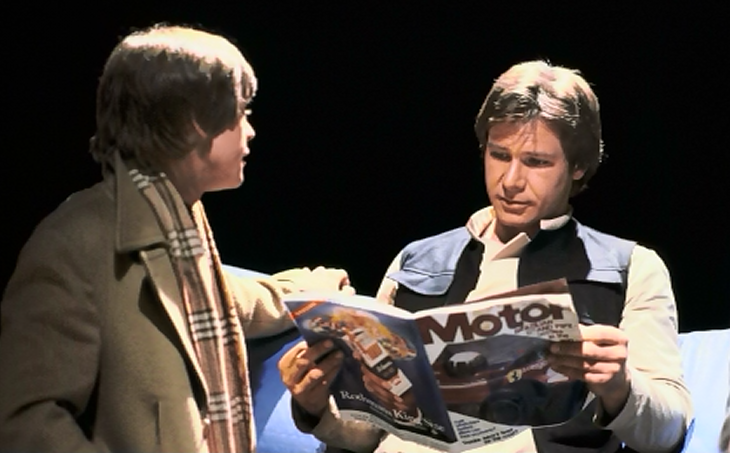 Mark Hamill Talks To Harrison Ford While Reading Motorsport Mag.