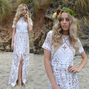 Vintage sheer scallop two tone lace front slit hippie boho wedding maxi dress, EUR 551.15 from Etsy