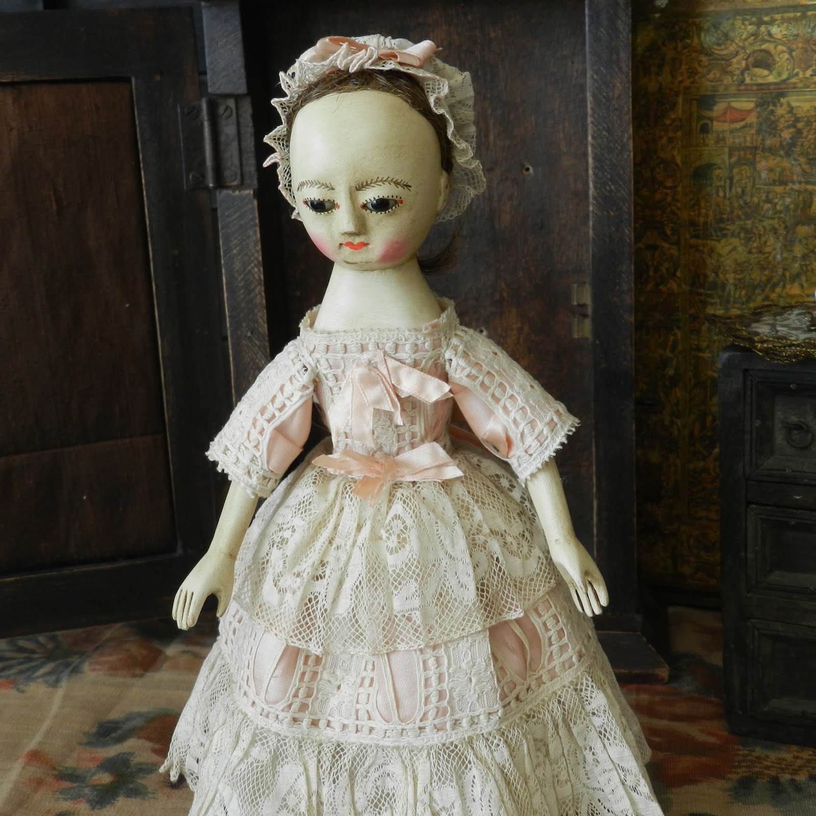 The Old Wooden Sisters Little LuLu , Queen Anne doll baby on tea dress