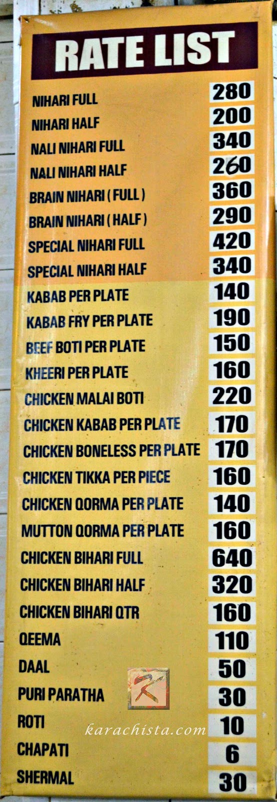 The menu at Waheed Kebab House Karachi