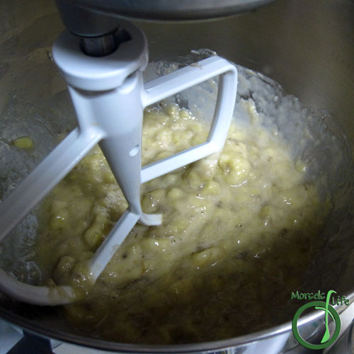 Morsels of Life - Roasted Banana Bread Step 4 - Form Wet Team by mixing bananas, sugar, butter, and eggs (optional).