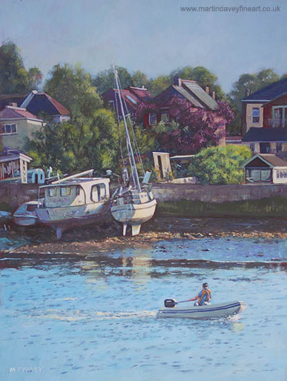 acrylic painting boats on bank at riverside park