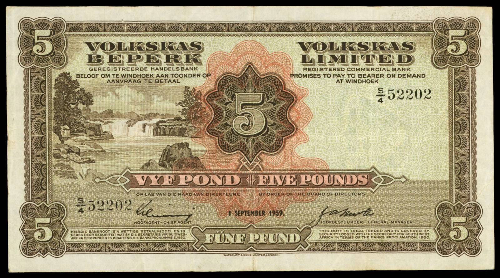 South West Africa 5 pounds banknote Volkskas
