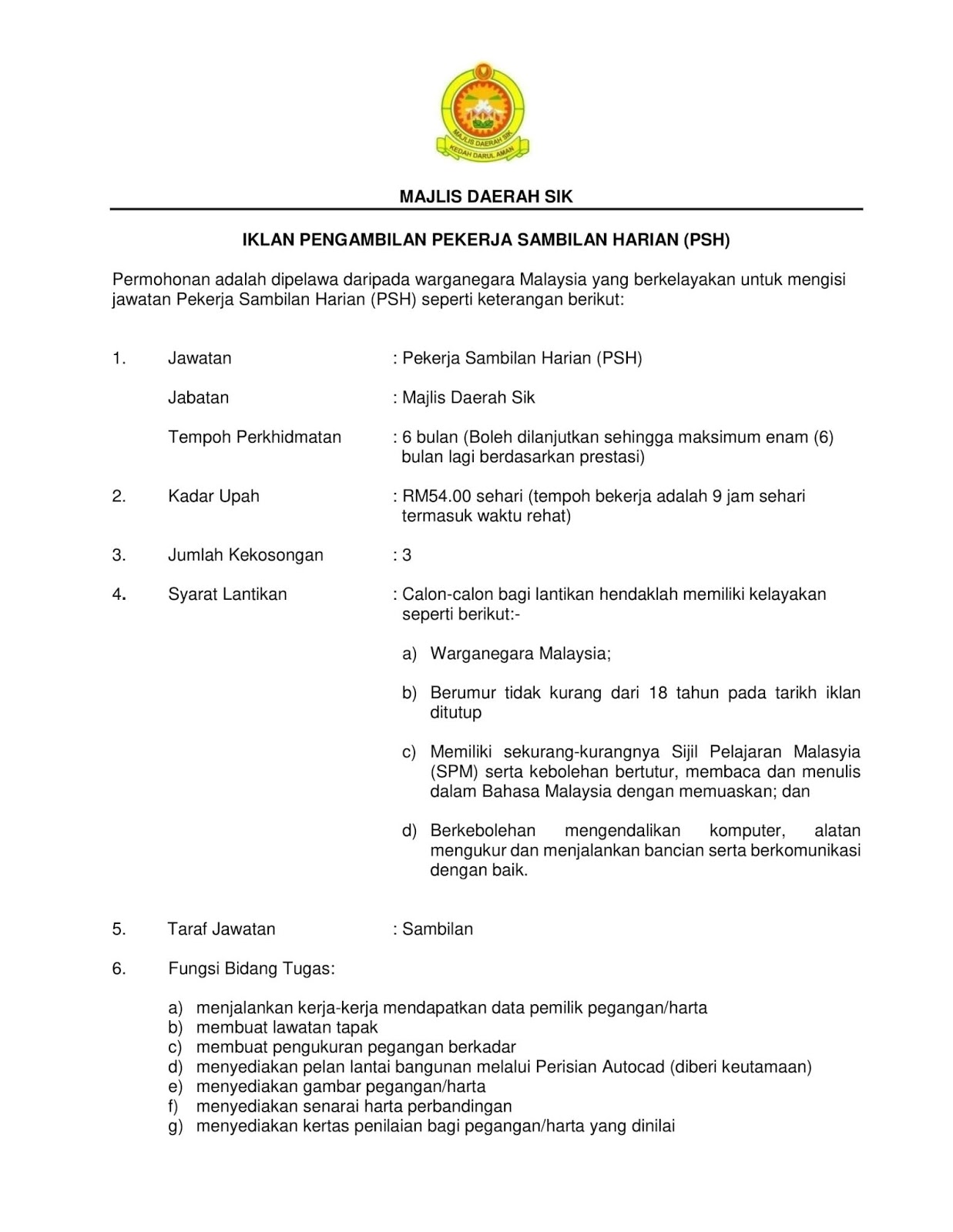 Jawatan Kosong Di Majlis Daerah Sik 2019 Jobcari Com Jawatan Kosong Terkini