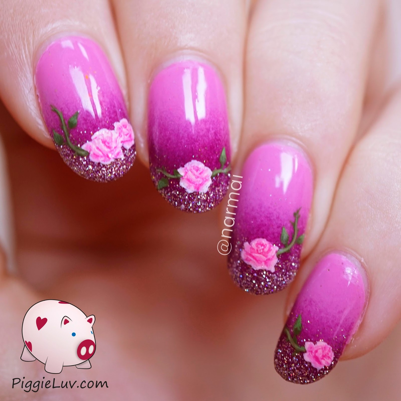 PiggieLuv Freehand roses nail art for Valentine's Day