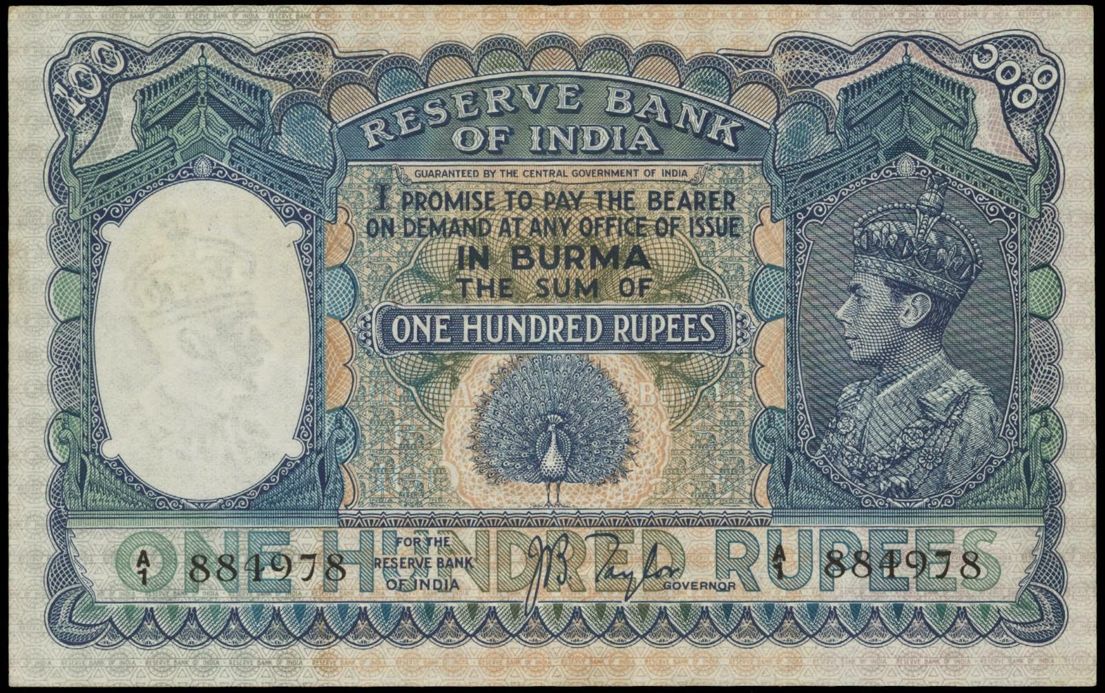 Banknotes of India for Burma 100 rupees Peacock Note 1939 King George VI