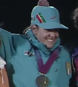 Deboragh Compagnoni on the podium after winning gold at Lillehammer in 1994
