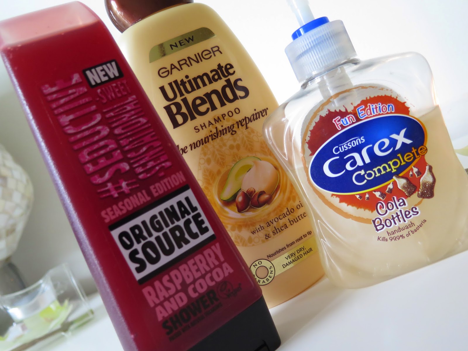 Garnier Ultimate blends, original source raspberry and cocoa, carex cola bottles