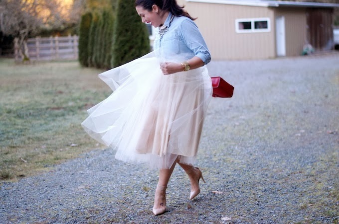 DIY tulle midi skirt and chambray blouse