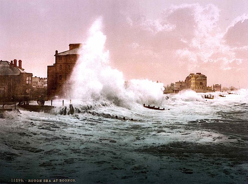Bognor 1895 tinted postcard of rough sea at Bognor 1895