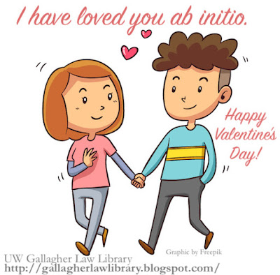 Cartoon couple walking and holding hands with "I have loved you ab initio" overhead, and Happy Valentine's Day on the side.