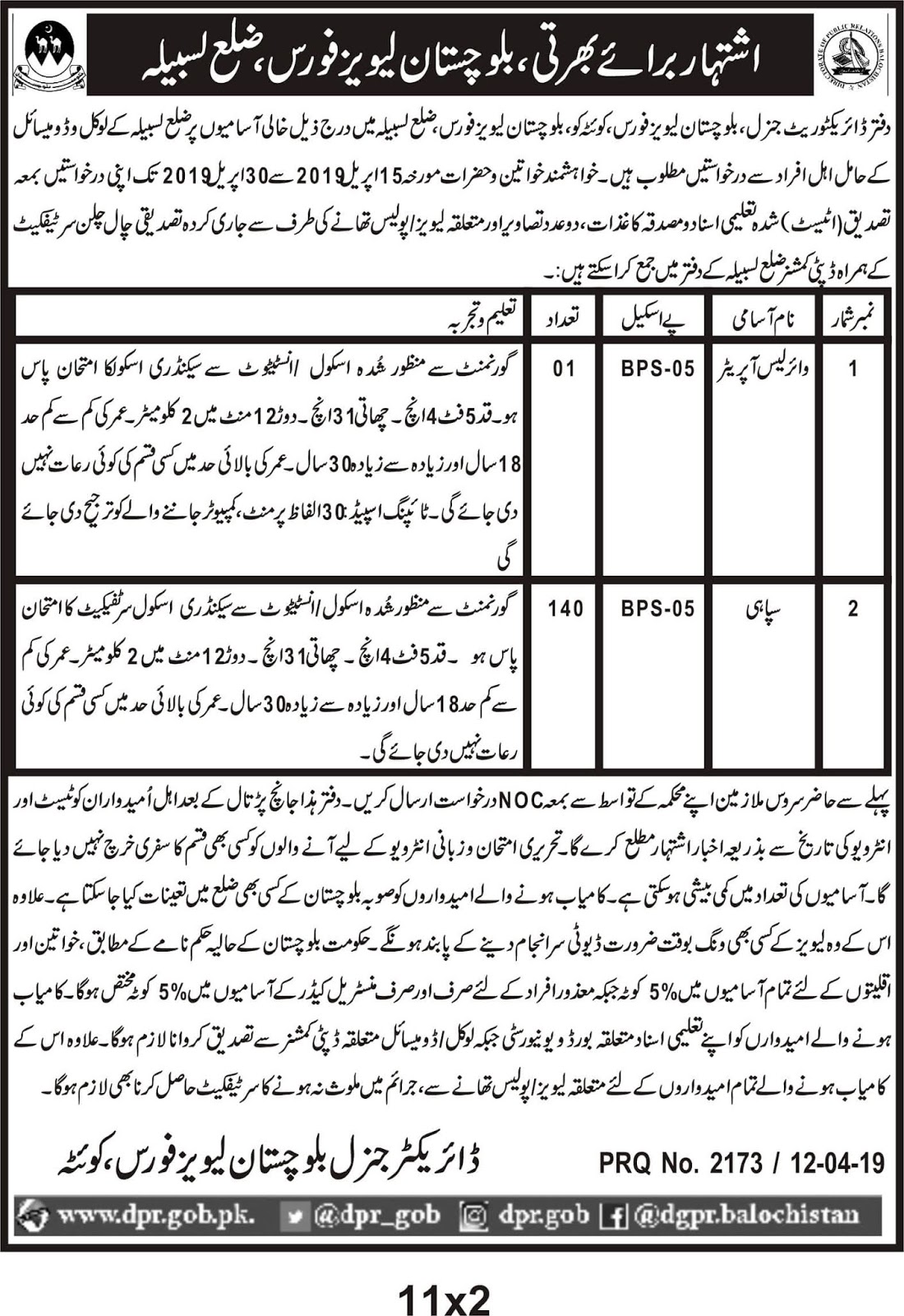Jobs in Balochistan levis Force district lasbela 2019 Jobs in Balochistan levis Force district lasbela 2019
