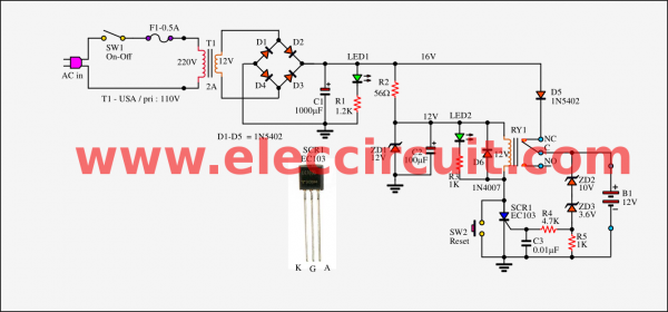 Circuit Schematic Simple Automatic Battery Charger using SCR