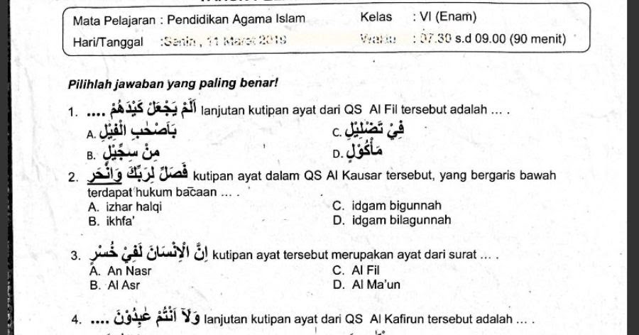 Soal Ujian Sekolah Pai Kelas 6 Sd Tahun 2019 Sekolahdasar Net