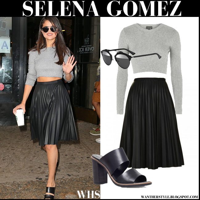 Selena Gomez in grey knit cropped sweater and black pleated midi skirt ...