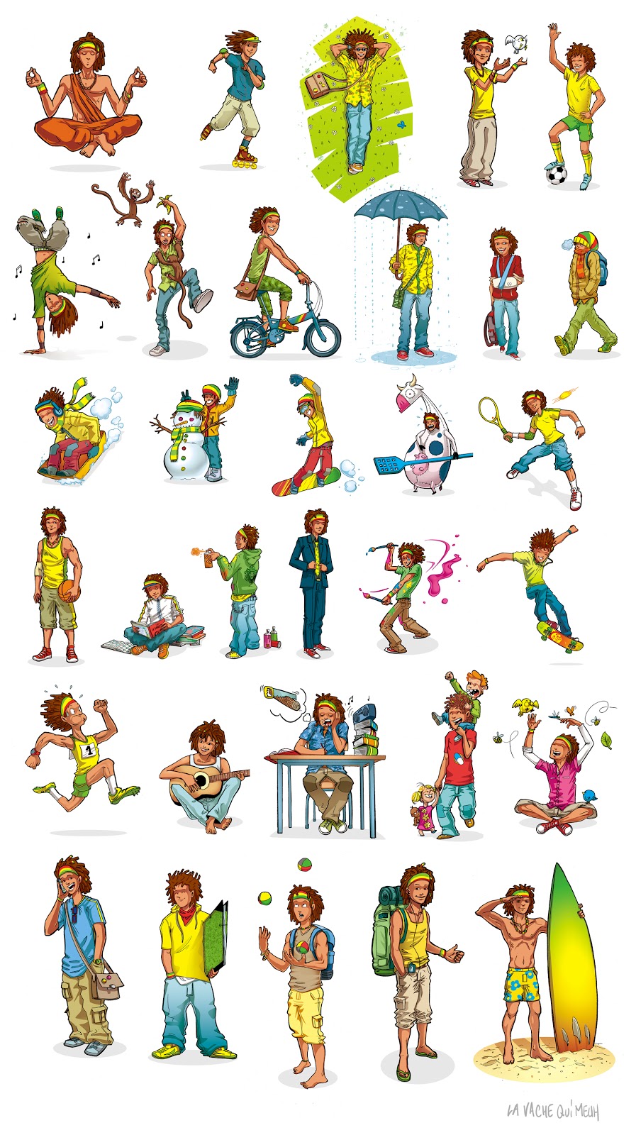 30 déclinaisons du personnage rastaman étudiant et artiste création d'illustration pour habiller un agenda scolaire