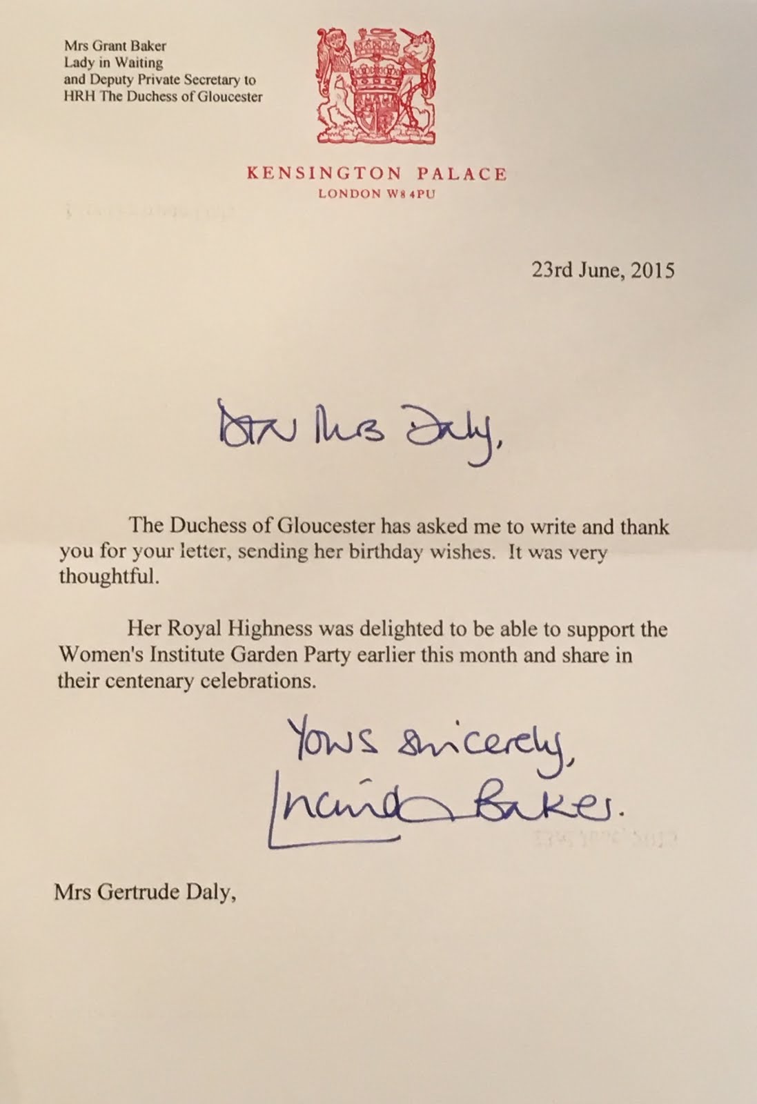 Gert's Royals: Duchess of Gloucester - Birthday reply (2015)