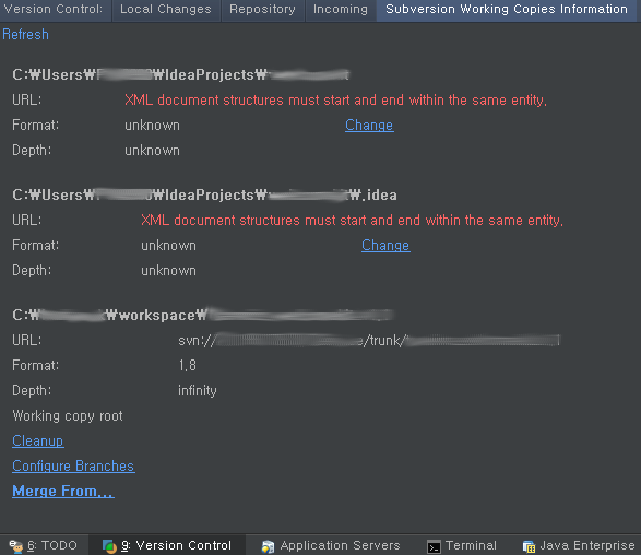 [IntelliJ] SVN 사용 시 'XML document structures must start and end within