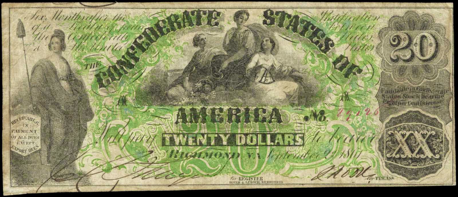 Confederate Currency 1861 $20 Dollar Bill T-17|World Banknotes & Coins