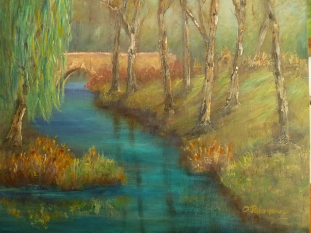 Stream with trees and bridge painting