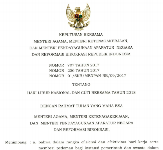 Download Nomor01/Skb/MenpanRb/09/2017 tentang Hari Libur