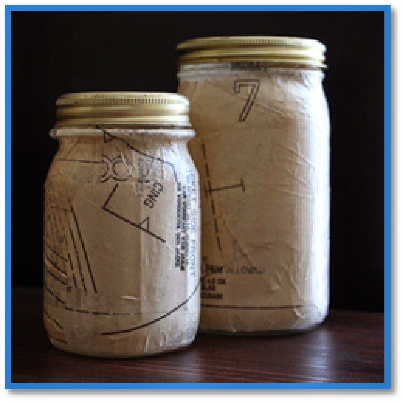 sewing patterns decoupaged on mason jars