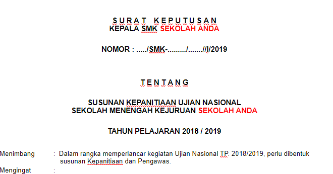 Contoh Sk Kepanitaian Unbk Terbaru Pahlawanenter Com